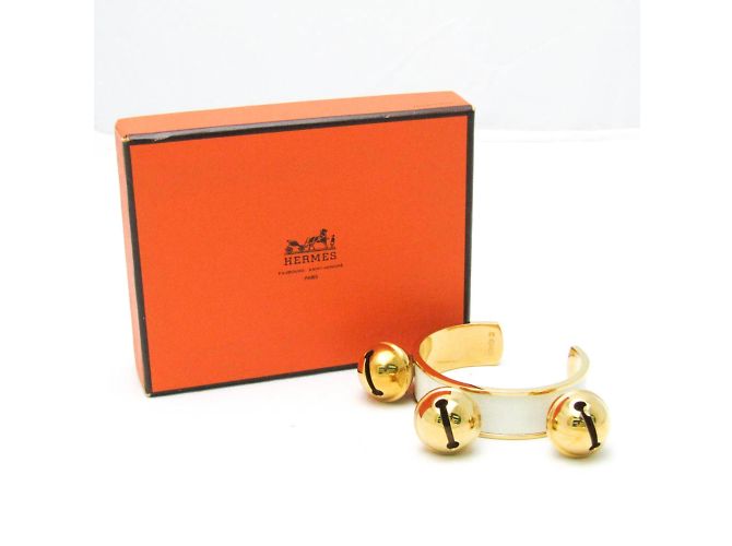 Hermès Pulseira de couro e metal Hermes Bell Branco Dourado - vista 10