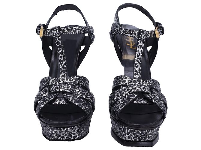 Décolleté T-Strap in pelle argentata con stampa leopardata Saint Laurent Tribute - vista 2
