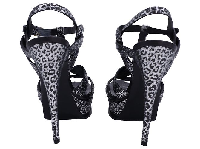 Décolleté T-Strap in pelle argentata con stampa leopardata Saint Laurent Tribute - vista 3