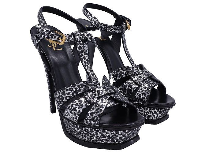 Décolleté T-Strap in pelle argentata con stampa leopardata Saint Laurent Tribute - vista 4