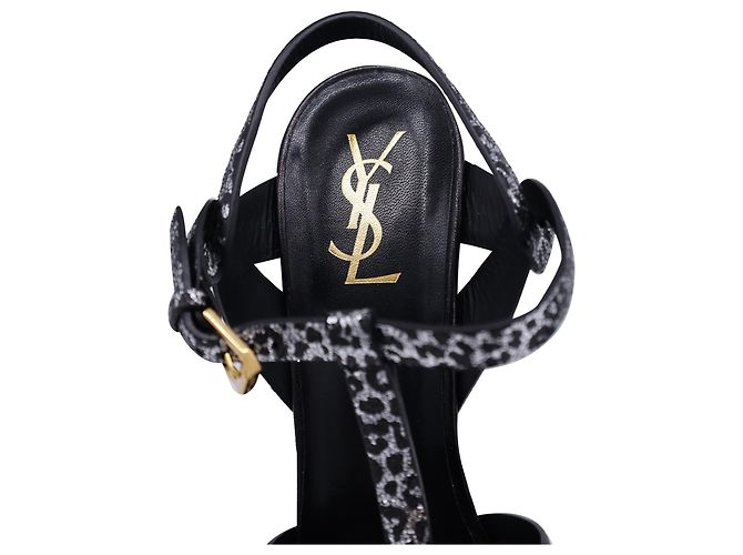 Décolleté T-Strap in pelle argentata con stampa leopardata Saint Laurent Tribute - vista 5