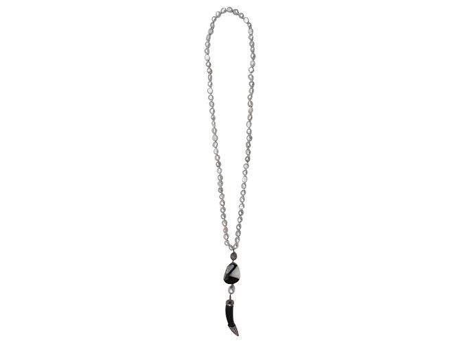 Autre Marque Collana lariat a corno con perle Bavna bianche e nere, onice e pavé di diamanti Nero - vista 2