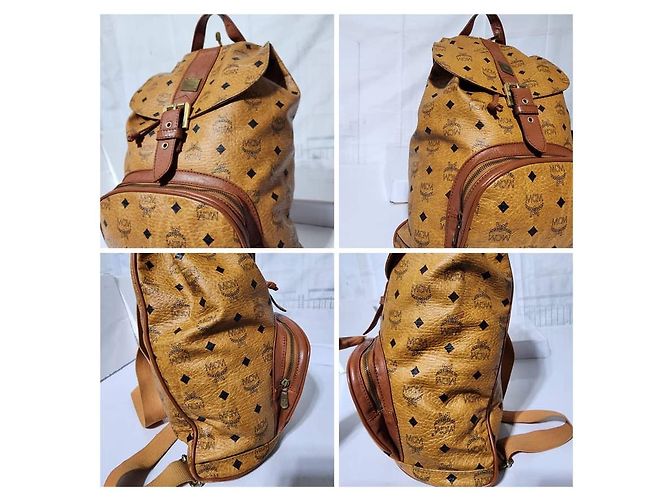 MCM Vintage Logo Print Coated Canvas Backpack Cognac Brown - view 12