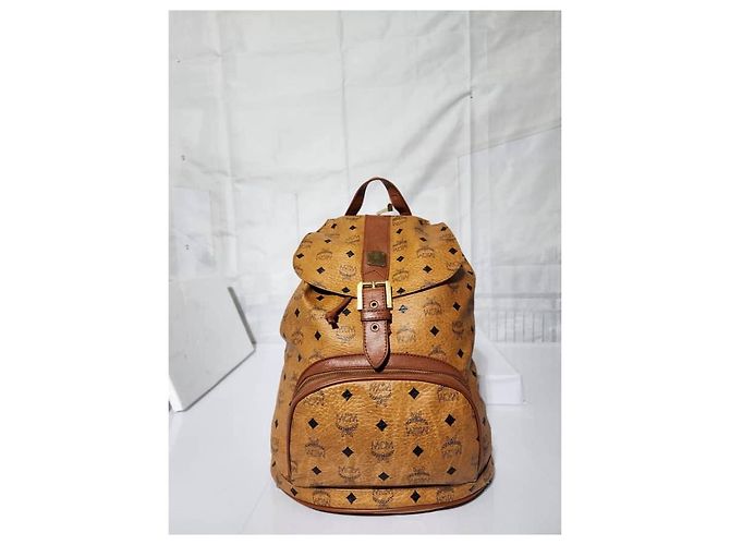MCM Vintage Logo Print Coated Canvas Backpack Cognac Brown - view 2