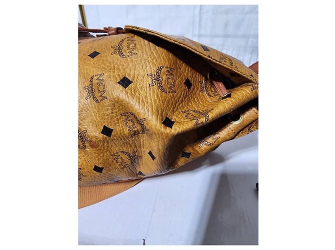MCM Vintage Logo Print Coated Canvas Backpack Cognac Brown - view 3