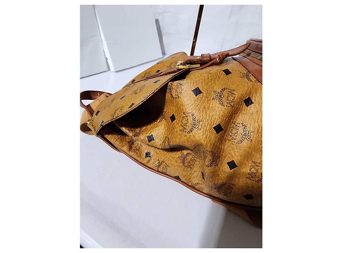 MCM Vintage Logo Print Coated Canvas Backpack Cognac Brown - view 4