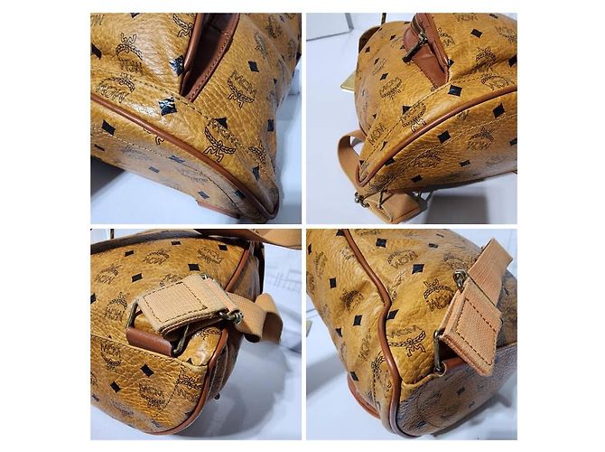 MCM Vintage Logo Print Coated Canvas Backpack Cognac Brown - view 7