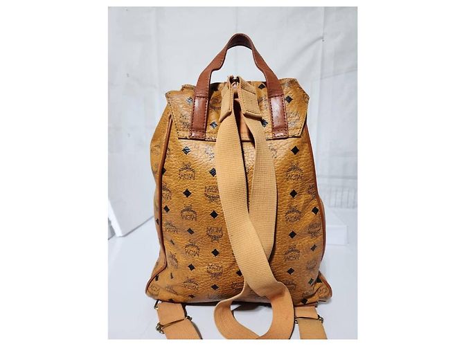 MCM Vintage Logo Print Coated Canvas Backpack Cognac Brown - view 8