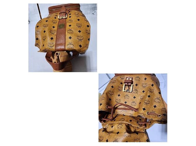 MCM Vintage Logo Print Coated Canvas Backpack Cognac Brown - view 9