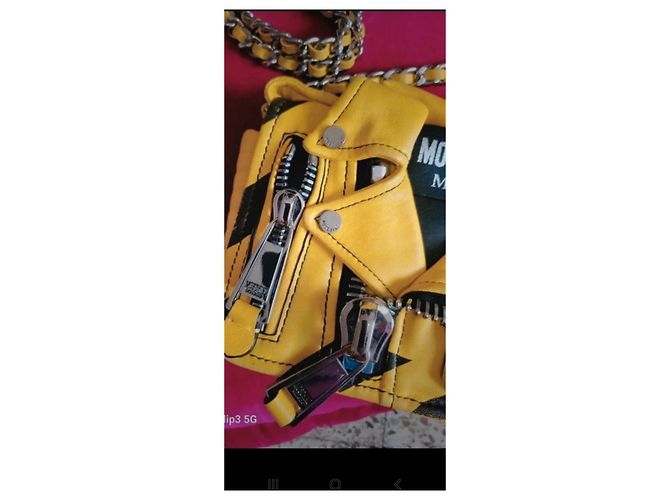 Borsa Moschino Biker in pelle gialla e nera - vista 7