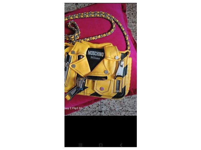 Borsa Moschino Biker in pelle gialla e nera - vista 8