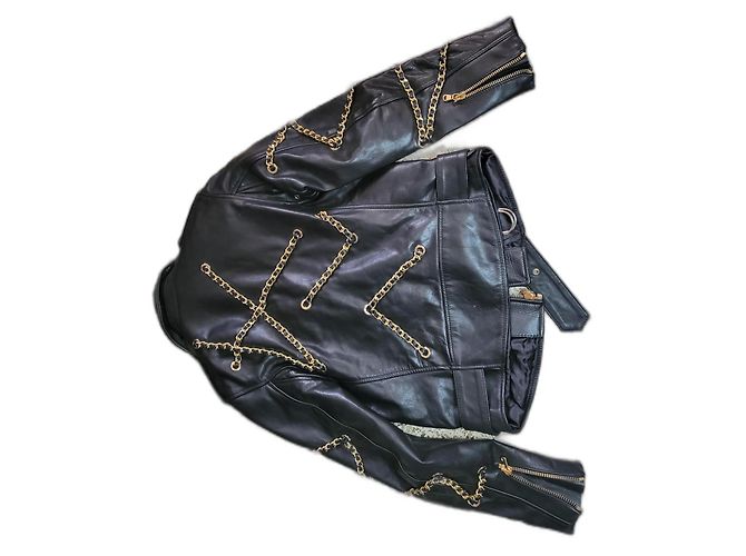 Giacca Biker Moschino in Pelle Nera e Oro Nero D'oro - vista 2