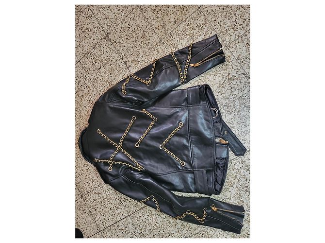 Giacca Biker Moschino in Pelle Nera e Oro Nero D'oro - vista 3