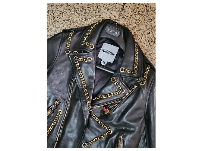 Giacca Biker Moschino in Pelle Nera e Oro Nero D'oro - vista 5