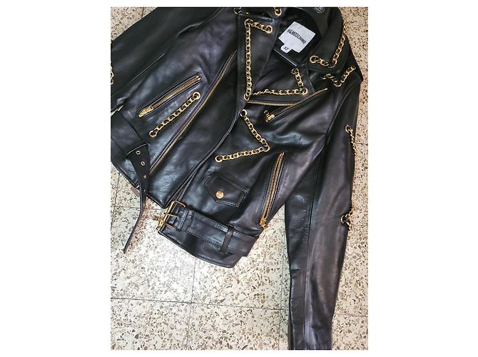 Giacca Biker Moschino in Pelle Nera e Oro Nero D'oro - vista 6
