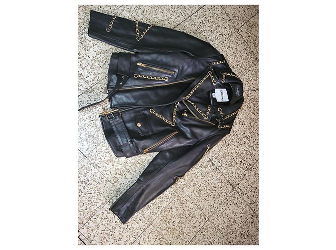 Giacca Biker Moschino in Pelle Nera e Oro Nero D'oro - vista 7