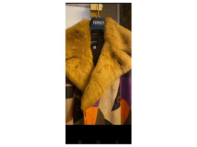 Versus Multicolored Patchwork Leather Coat with Fur Collar Multiple colors - view 10