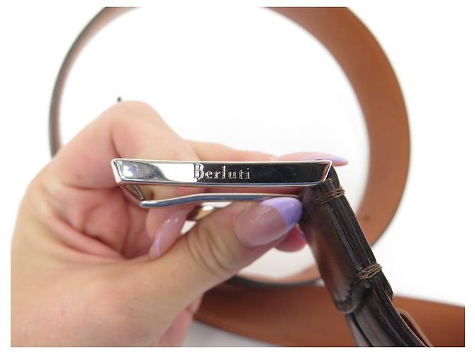 BERLUTI GASPARD BELT IN BROWN LEATHER WITH SCAR PATTERN T90 + POUCH - view 12