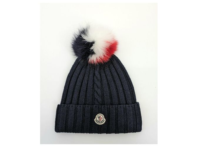 Berretto Moncler in lana blu navy con pompon di volpe - vista 2