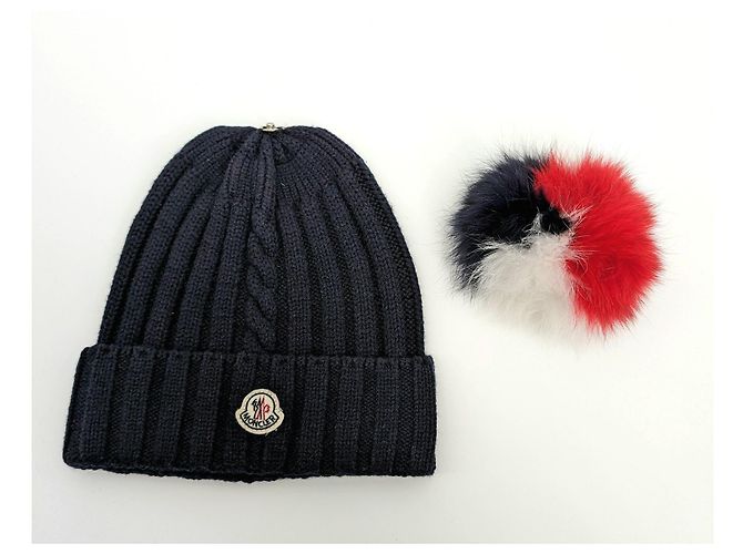 Berretto Moncler in lana blu navy con pompon di volpe - vista 3