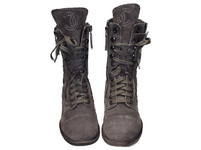 Chanel Combat CC Logo Schnürstiefel Grau Anthrazitgrau - Ansicht 9