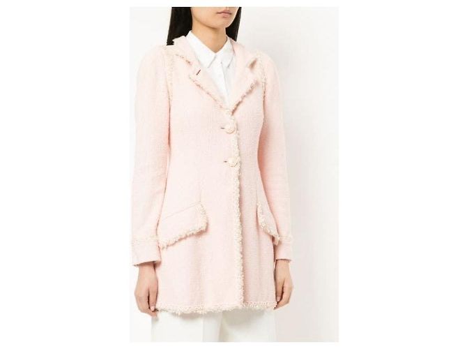 Cambon Abrigo de tweed de algodón con cuello alto y ribete rosa Chanel 2013C, botón CC 36 - vista 10