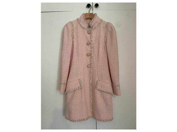 Cambon Abrigo de tweed de algodón con cuello alto y ribete rosa Chanel 2013C, botón CC 36 - vista 4