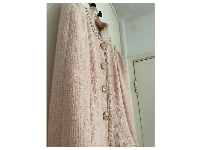 Cambon Abrigo de tweed de algodón con cuello alto y ribete rosa Chanel 2013C, botón CC 36 - vista 6