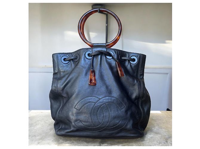 Vintage CHANEL Zugband Schildkröte Ring Griff Tasche Schwarz - Ansicht 2