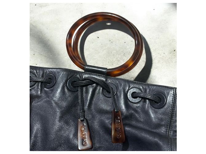 Vintage CHANEL Zugband Schildkröte Ring Griff Tasche Schwarz - Ansicht 6