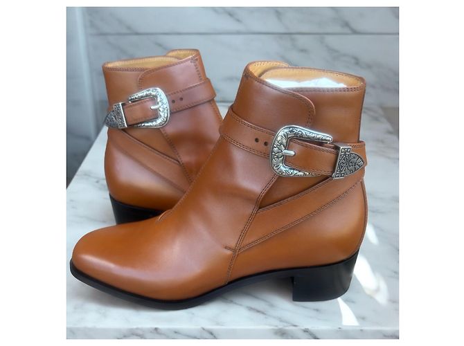 Botas de cuero con hebilla grabada Gucci Negro Camello - vista 3