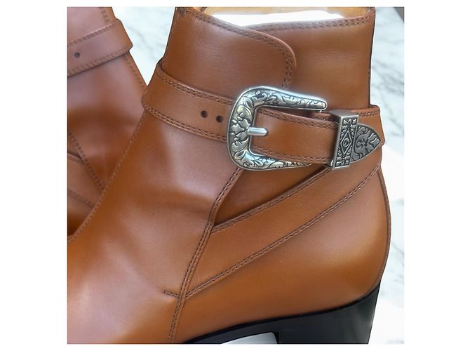 Botas de cuero con hebilla grabada Gucci Negro Camello - vista 4