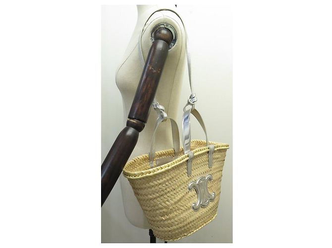Céline NUOVO BORSO A MANO CELINE 113832 CABAS PANIER PM TRIOMPHE RAPHIA ARGENTO - vista 7