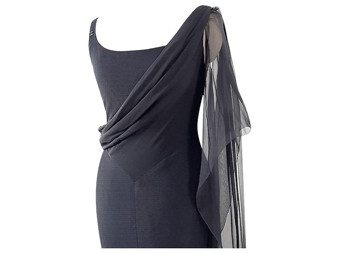 Cambon Vestido drapeado de chiffon de seda negra de Chanel - 2002 Karl Lagerfeld / Colección Crucero Negro - vista 3