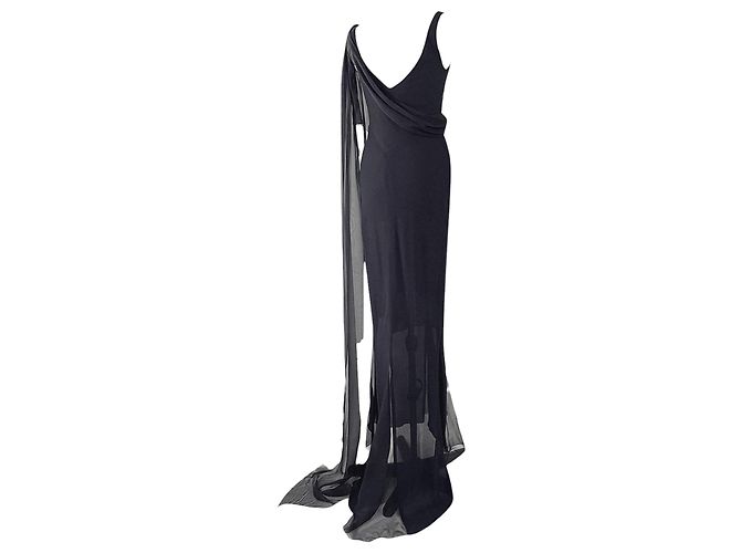 Cambon Vestido drapeado de chiffon de seda negra de Chanel - 2002 Karl Lagerfeld / Colección Crucero Negro - vista 6