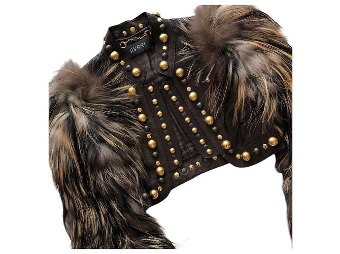 Gucci x Tom Ford Brown Leather Stud Crop Jacket - view 2