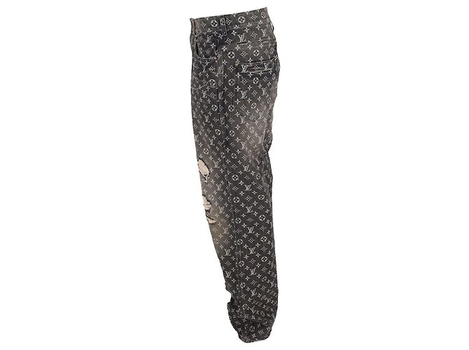 Louis Vuitton Distressed Monogram Denim Carpenter Trousers in Black Cotton - view 2