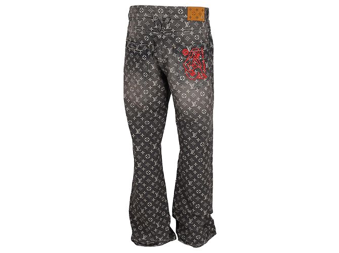 Louis Vuitton Distressed Monogram Denim Carpenter Trousers in Black Cotton - view 3