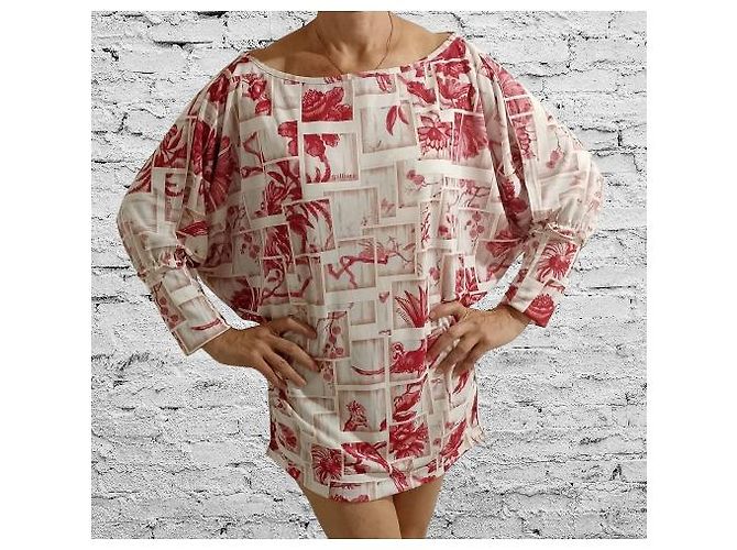 John Galliano Bluse Weiß mit Rotem Vogel und Blumen Print Mehrfarben - Ansicht 8
