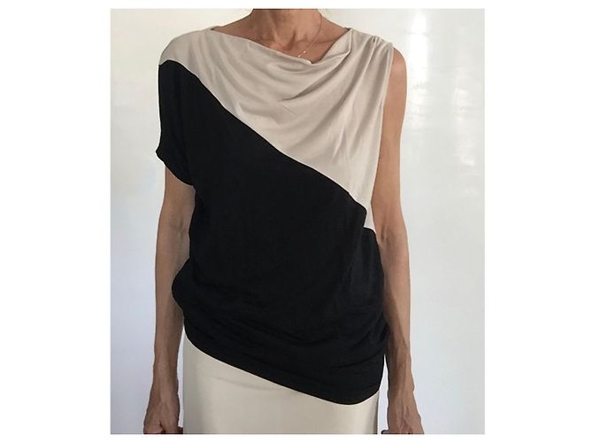 Asymmetrisches bicolor Mini-Kleid oder Tunika T36-38 Adolfo Dominguez Schwarz Beige - Ansicht 10