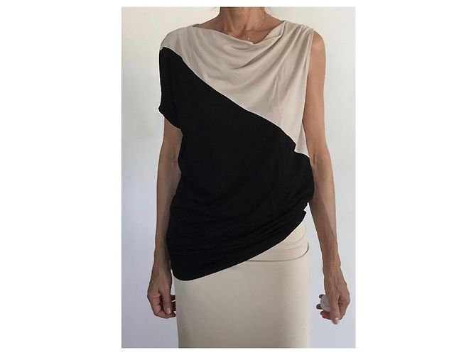 Asymmetrisches bicolor Mini-Kleid oder Tunika T36-38 Adolfo Dominguez Schwarz Beige - Ansicht 11