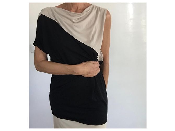 Asymmetrisches bicolor Mini-Kleid oder Tunika T36-38 Adolfo Dominguez Schwarz Beige - Ansicht 12