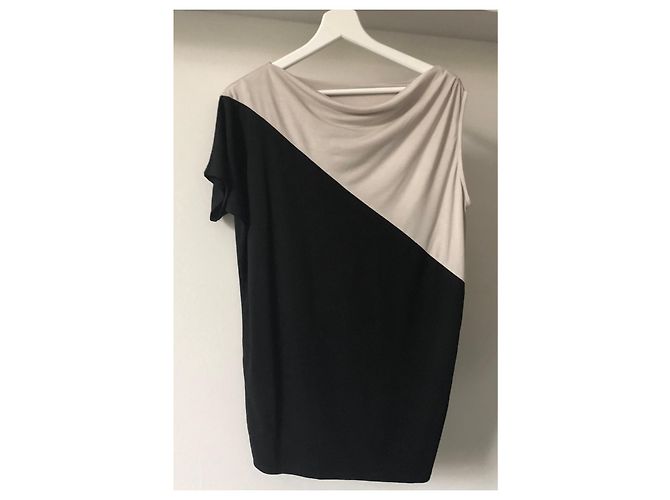 Asymmetrisches bicolor Mini-Kleid oder Tunika T36-38 Adolfo Dominguez Schwarz Beige - Ansicht 8