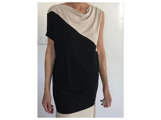 Asymmetrisches bicolor Mini-Kleid oder Tunika T36-38 Adolfo Dominguez Schwarz Beige - Ansicht 9