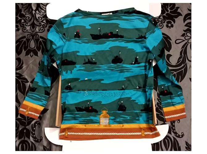 Top de algodón Hermès Talla S Negro Azul Naranja Verde oscuro - vista 4