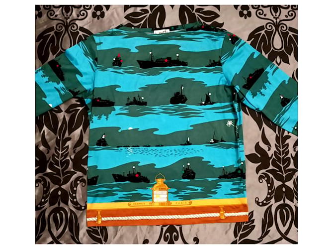 Top de algodón Hermès Talla S Negro Azul Naranja Verde oscuro - vista 5