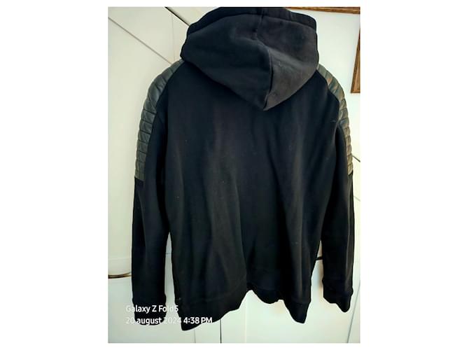 Balmain Schwarzer Baumwollpullover mit Kapuze und Lammleder - Ansicht 3