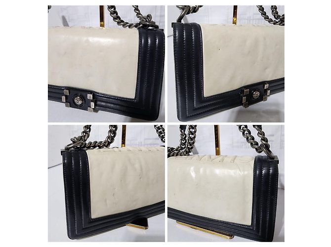 Chanel Medium Clasp Boy Bag Creme/Schwarz Roh - Ansicht 17