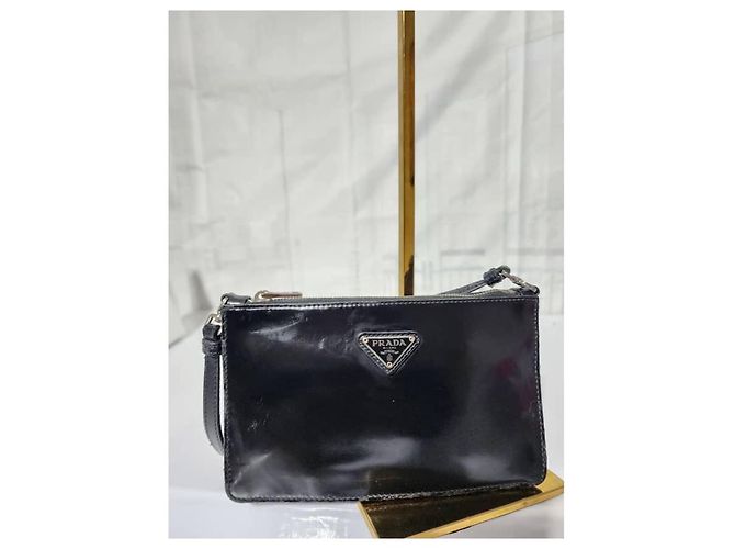 PRADA Mini Borsa a Spalla in Pelle Verniciata Nera Blu - vista 10