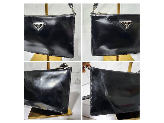 PRADA Mini Borsa a Spalla in Pelle Verniciata Nera Blu - vista 15
